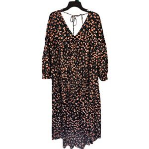 Who What Wear Black Orange Leopard Print Midi Dress Size M Tie Back Tiered